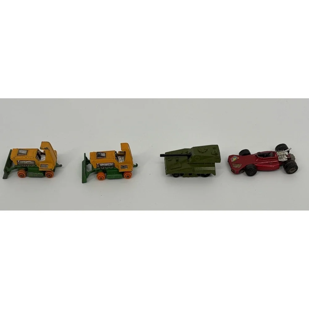 Vintage Lot of 4 Matchbox Vehicles No 12 Big Bull Bulldozers Tank Dragster